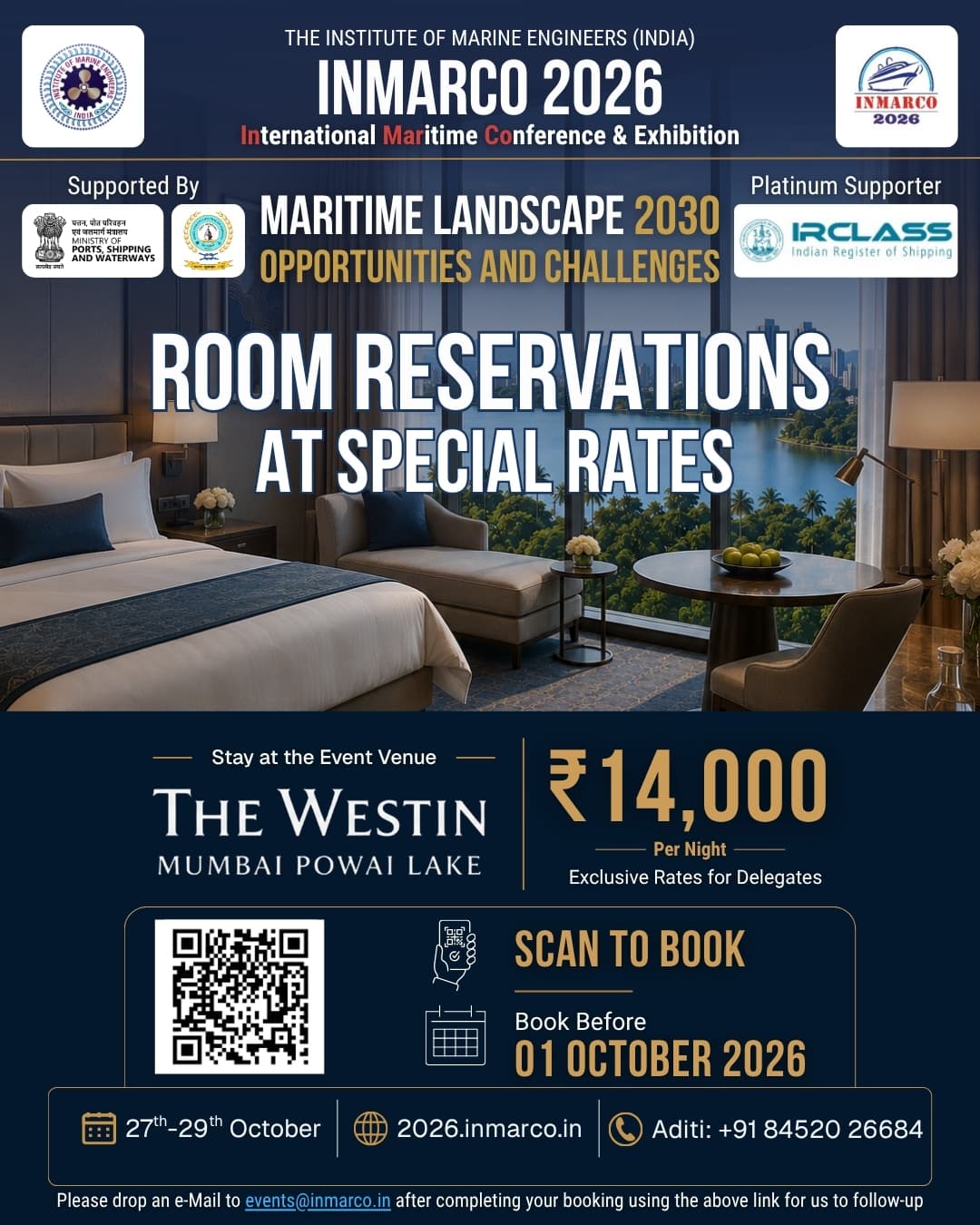 INMARCO 2026 hotel booking flyer showing The Westin Mumbai Powai Lake delegate rate and booking deadline
